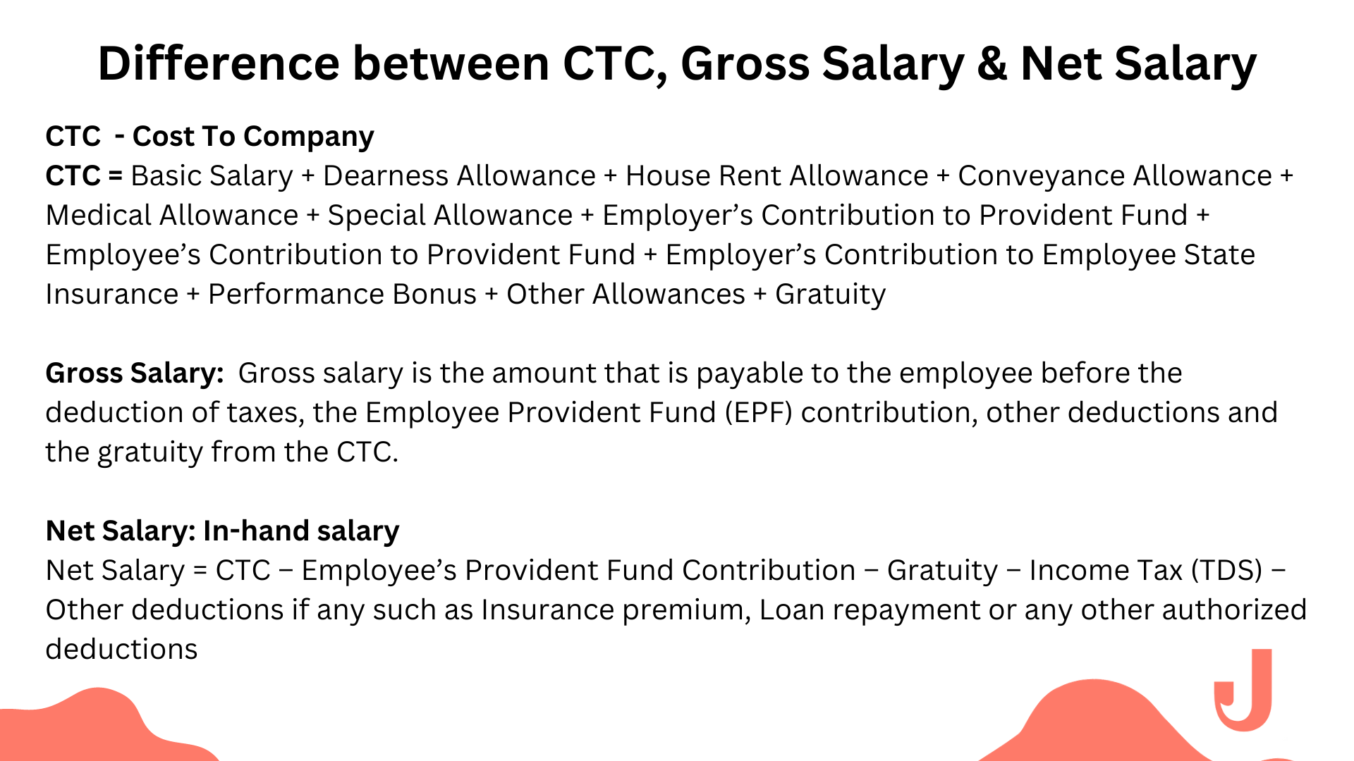 Image showing difference between CTC, gross salary and net salary