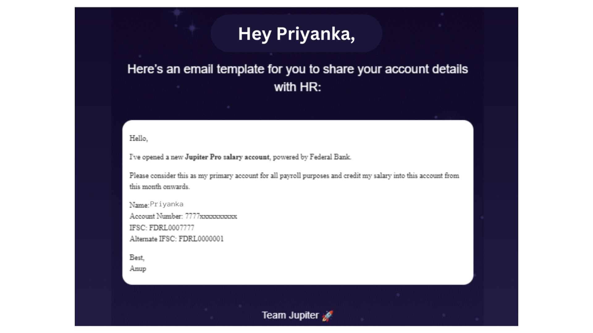 Email Template by Jupiter Team for a Salary Account