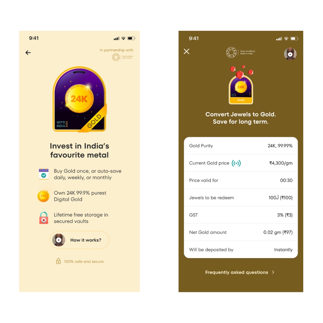 jupiter digital gold app screens in the app