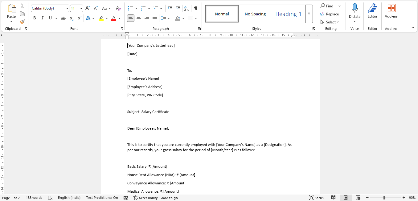 Salary Certificate Format in Word