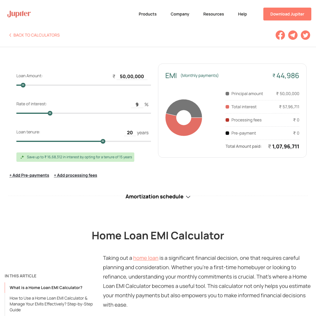 Savings feature of Jupiter money's Home Loan EMI calculator with prepayment feature