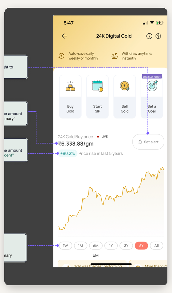 jupiter digital gold app screens in the app