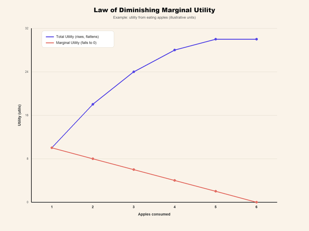 Law of diminishing marginal utility curve with an example of apples on a line graph